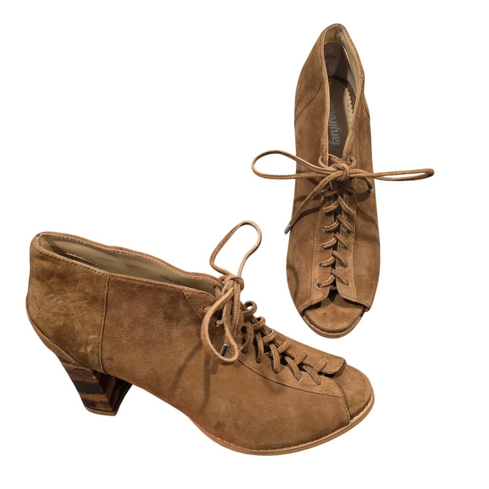 Women's Farylrobin Brown Suede Lace Up Peep Toe Heeled Booties | Size 7.5
